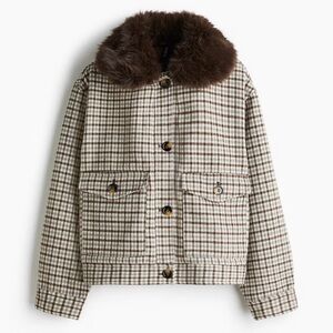 Plaid Brown Fur Collar Jacket NWT